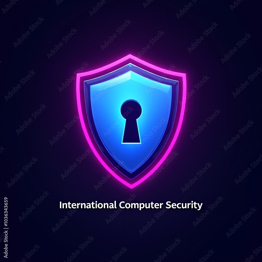 Graphic design of a shield with a keyhole in the center. The shield is blue and pink in color. Graphic design of a shield with a keyhole in the center. The shield is blue and pink in color.