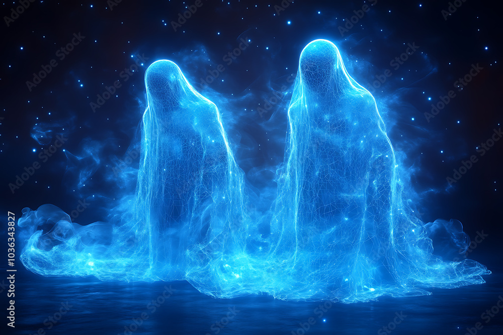 ghosts in wireframe style with electric blue lightning on a dark blue background, creating a futuristic spooky look.
ghosts in wireframe style with electric blue lightning on a dark blue background, creating a futuristic spooky look.
