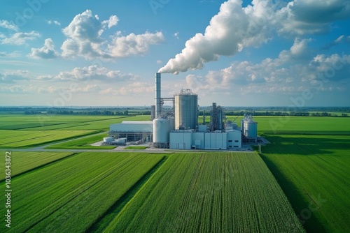 Industrial Factory with Smoke Stack and Green Fields