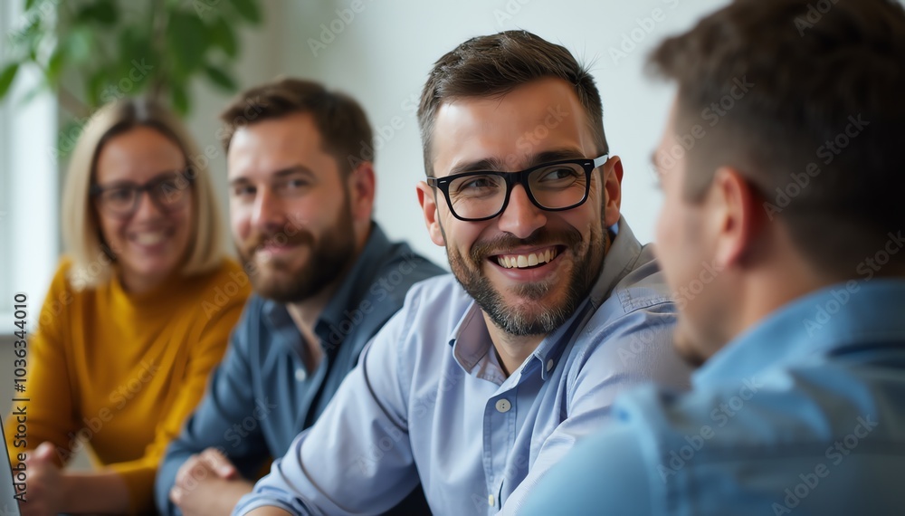 Fototapeta premium Group of people sitting around a conference table in a meeting room.