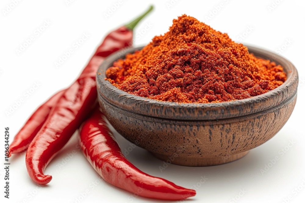Red chili powder and fresh chilies isolated on white background Red chili powder and fresh chilies isolated on white background