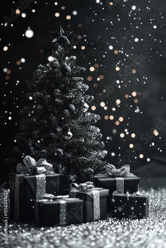 Sparkling black and silver Christmas scene with a tree and gift boxes.