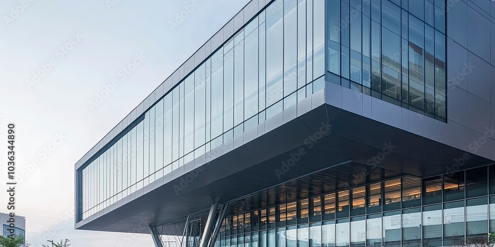Fototapeta premium Modern Architectural Design: Aluminum Exterior Walls, Glass Curtain Facades, and Steel Roof Beams with Large Windows, Highlighting Abstract Textures and Reflective Surfaces