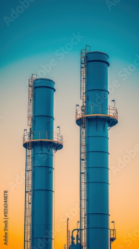 Stunning silhouettes of industrial chimneys against a vibrant sunset sky capturing the essence of modern industry and urban landscapes