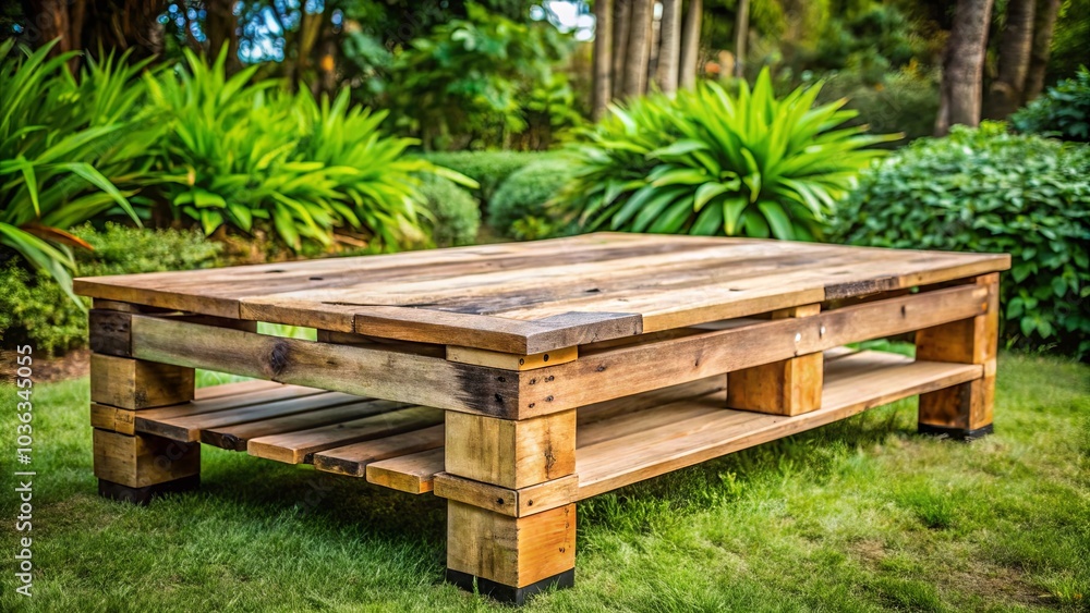 Rustic Pallet Coffee Table on a Lush Green Lawn, Perfect for Outdoor Relaxation and Gathering Rustic Pallet Coffee Table on a Lush Green Lawn, Perfect for Outdoor Relaxation and Gathering