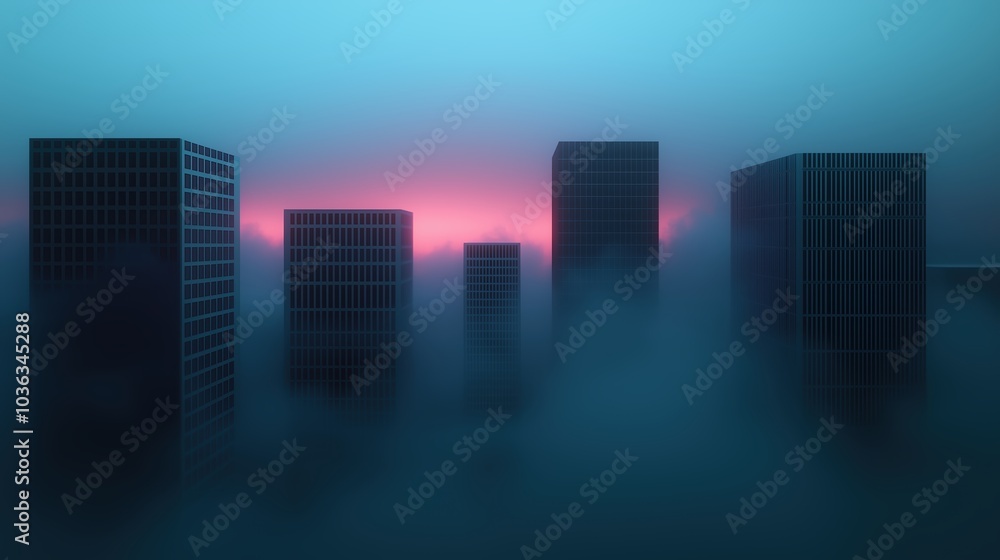 The city skyline is filled with tall buildings, and the sky is a beautiful pink color. The fog adds a sense of mystery and depth to the scene, making it feel like a dreamy, otherworldly place The city skyline is filled with tall buildings, and the sky is a beautiful pink color. The fog adds a sense of mystery and depth to the scene, making it feel like a dreamy, otherworldly place