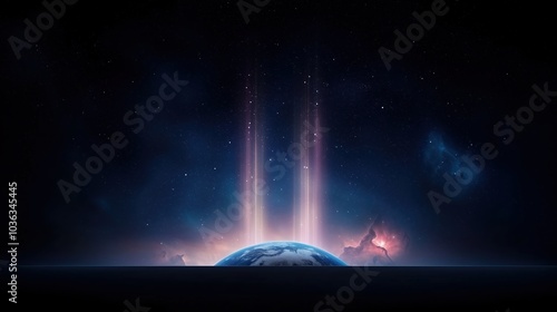 Wallpaper Mural Dark sky with a planet in the center and three bright streaks of light. The planet is surrounded by a lot of stars and the streaks of light are shooting out from it Torontodigital.ca