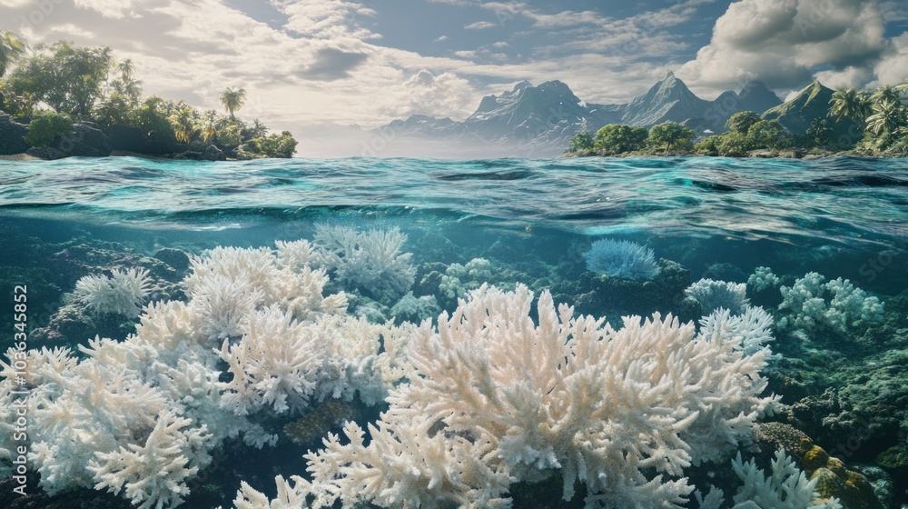 Naklejka premium Bleached Coral Reef Against Tropical Island Landscape