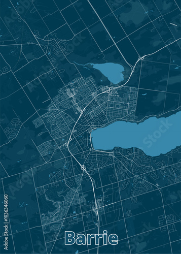 Map of Barrie, Ontario, Canada. The map is rendered in a minimalist style with a dark blue background and white lines representing roads and waterways.