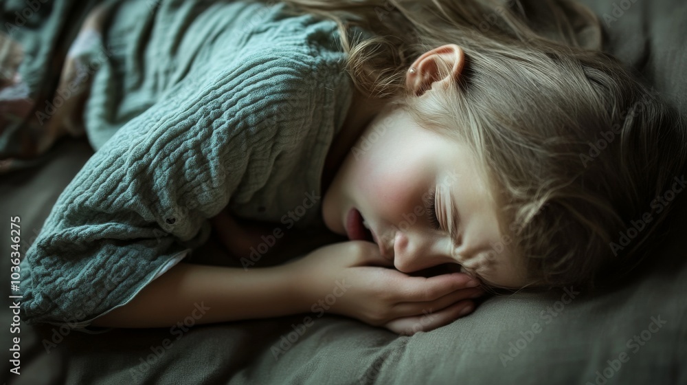 2408 28.A child lying on her side, hands pressed firmly against her lower stomach as she deals with abdominal pain caused by bacterial cystitis. The scene captures her distress and the physical 2408 28.A child lying on her side, hands pressed firmly against her lower stomach as she deals with abdominal pain caused by bacterial cystitis. The scene captures her distress and the physical