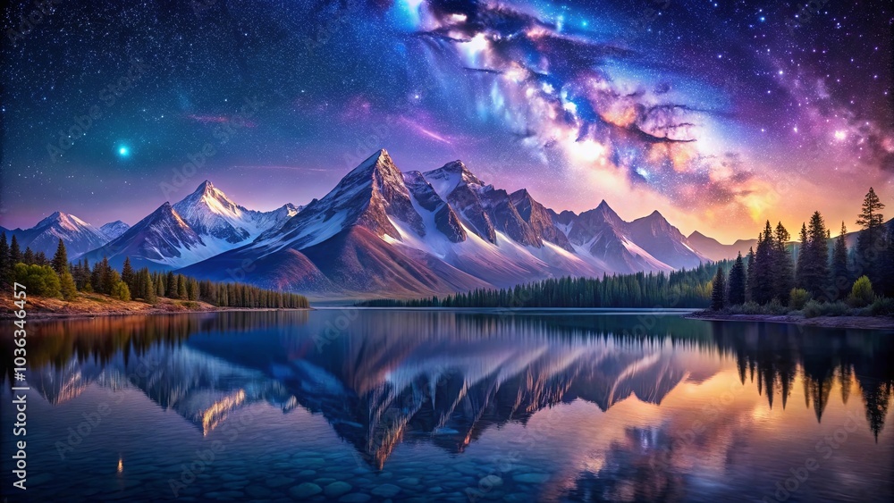 Naklejka premium A serene reflection of a majestic mountain range against a vibrant star-filled night sky, where the Milky Way creates a celestial tapestry above the tranquil waters.