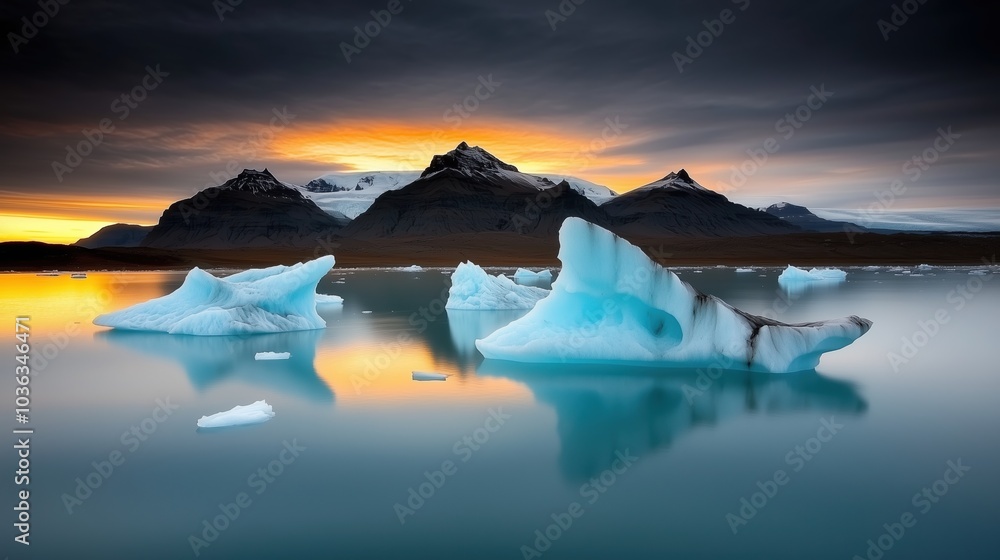 Obraz premium Beautiful scene of a lake with a large iceberg floating on it. The sun is setting, casting a warm glow on the ice and the water. Scene is serene and peaceful, as the stillness of the water