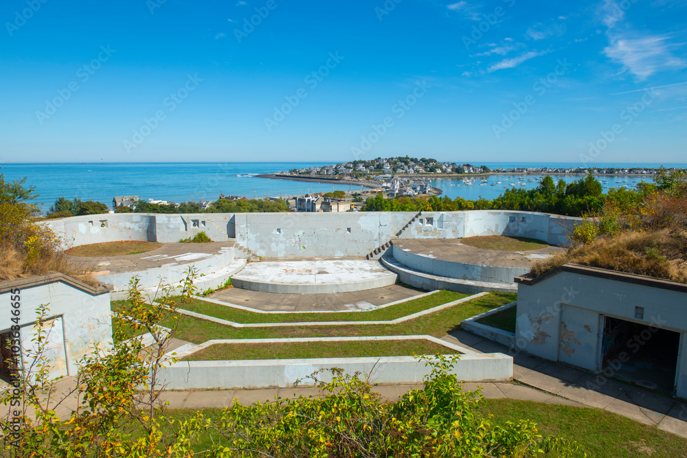 Fototapeta premium Fort Revere on Telegraph Hill with Point Allerton in Hull Village in town of Hull, Massachusetts MA, USA. 