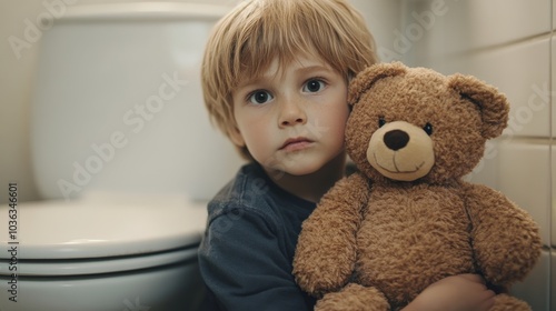 2408 35.A detailed image of a young boy sitting on a toilet, holding a teddy bear close to his chest for emotional support. The scene captures the innocence and vulnerability of a child during toilet