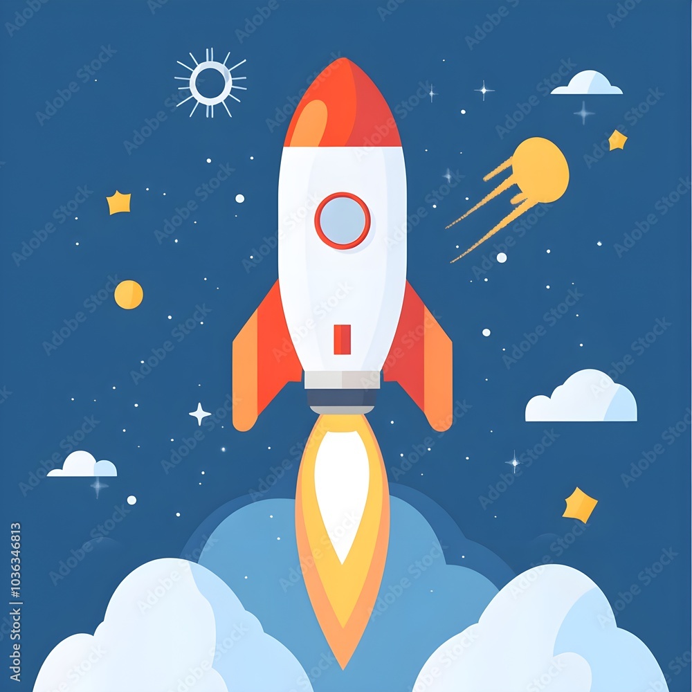 Rocket Launching into Space with Stars and Clouds Rocket Launching into Space with Stars and Clouds