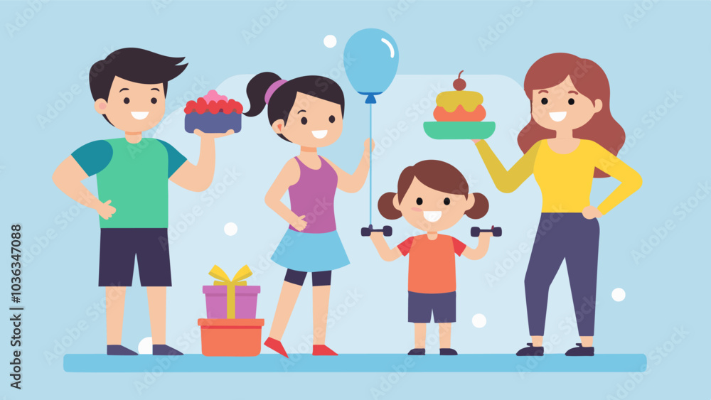 Siblings organizing a surprise workout themed birthday party for their sibling who is on a fitness journey.. Vector illustration Siblings organizing a surprise workout themed birthday party for their sibling who is on a fitness journey.. Vector illustration