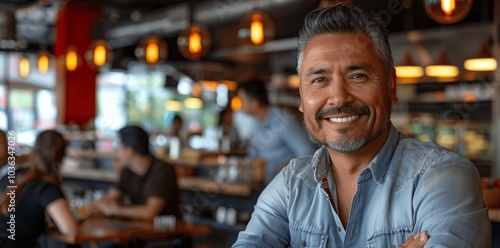 Confident Smiling Latino Restaurant Manager in Modern Casual Setting