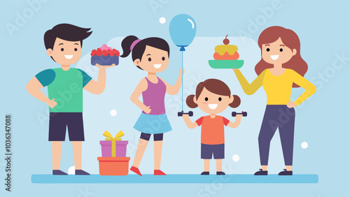 Siblings organizing a surprise workout themed birthday party for their sibling who is on a fitness journey.. Vector illustration