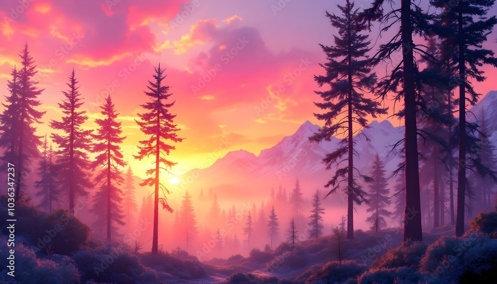 A misty forest landscape featuring tall pine trees silhouetted against a vibrant orange and pink sky at sunset, with snow-capped mountains visible in the background, and a gentle fog drifting through A misty forest landscape featuring tall pine trees silhouetted against a vibrant orange and pink sky at sunset, with snow-capped mountains visible in the background, and a gentle fog drifting through