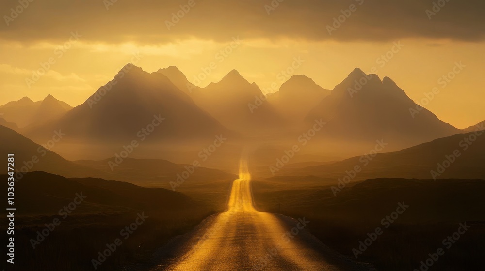 A deserted road reaching toward the horizon, surrounded by mountain ranges bathed in soft sunrise light, symbolizing endless possibilities. A deserted road reaching toward the horizon, surrounded by mountain ranges bathed in soft sunrise light, symbolizing endless possibilities.