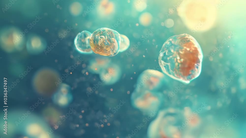 Floating transparent cells exhibit intricate structures and vibrant colors against a luminous backdrop in a captivating microscopic rendering Floating transparent cells exhibit intricate structures and vibrant colors against a luminous backdrop in a captivating microscopic rendering