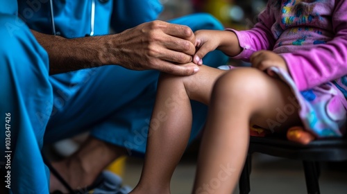 2408 17.A pediatric orthopedist carefully inspecting a childâ€™s knee for swelling or sprain, the childs leg elevated slightly for a thorough examination. The doctorâ€™s hands are seen applying gentle