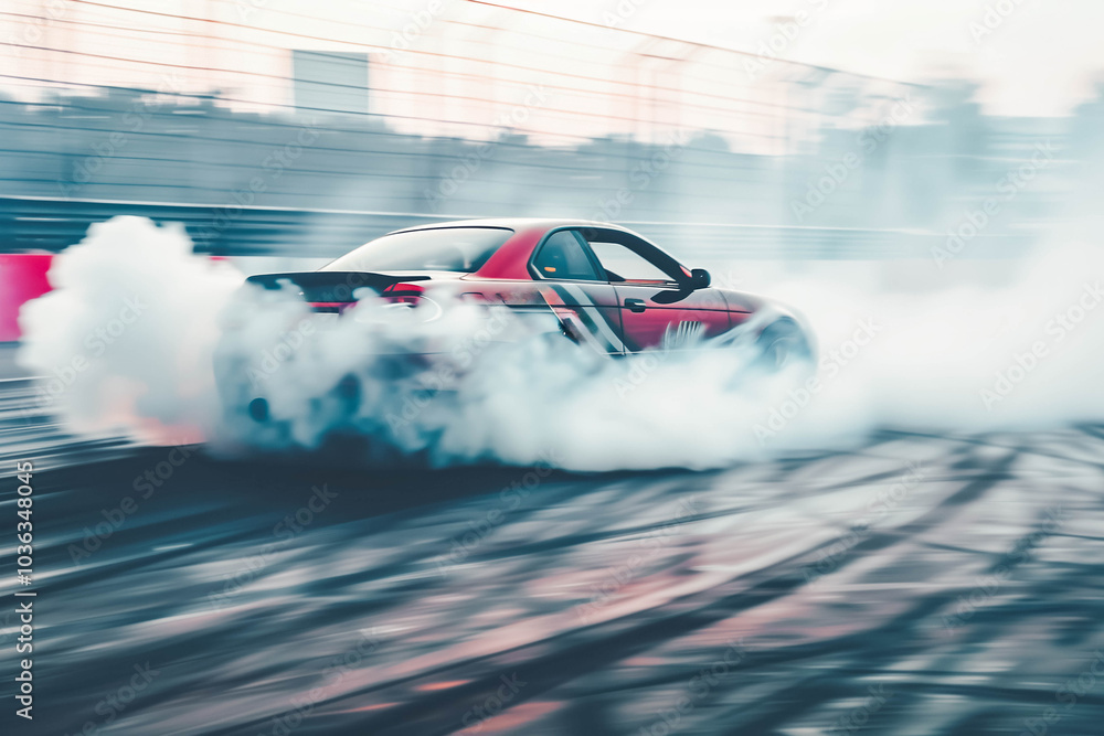 Obraz premium Car drifting, Blurred image diffusion race drift car with lots of smoke from burning tires on speed track.