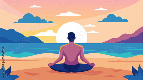 The sun rises over a quiet beach with the silhouette of a man in a yoga pose surrounded by the sound of crashing waves as he meditates and centers himself amidst his physical. Vector illustration