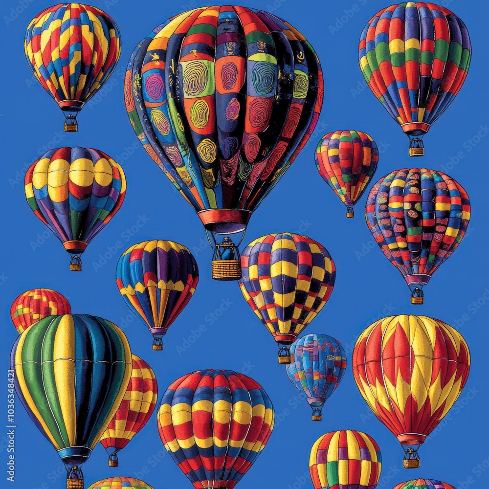 Vibrant Hot Air Balloons Against Clear Blue Sky: Colorful Patterns, Festival Atmosphere, Aerial Adventure, Tranquil Flight, Scenic Views, Travel Experience Vibrant Hot Air Balloons Against Clear Blue Sky: Colorful Patterns, Festival Atmosphere, Aerial Adventure, Tranquil Flight, Scenic Views, Travel Experience