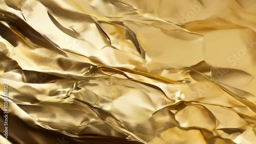 Close-up of crinkled gold foil with a shiny, reflective surface, creating a textured and luxurious background.