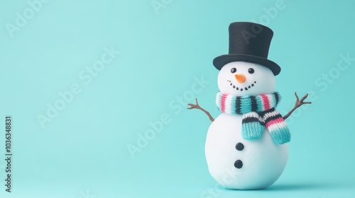 A happy snowman wearing a black top hat and striped scarf stands cheerfully against a bright light blue backdrop.