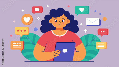 Someone using their platform on social media to promote body positivity and sharing resources and information on how to consume media in a healthy and positive way.. Vector illustration