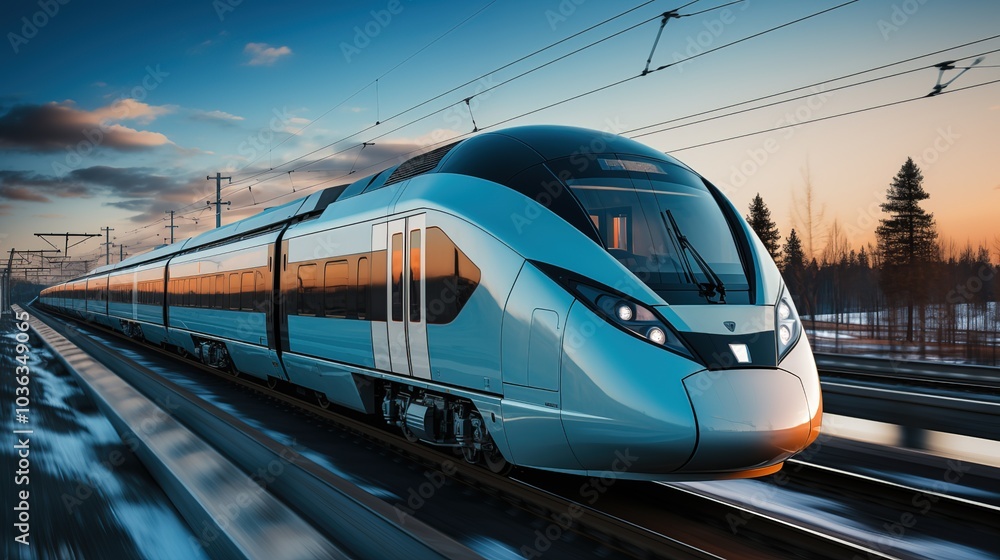 Moving high-speed train, blue sky background, white and light gray style, wide angle lens, bright lights, fast shutter speed, motion blur effect, blue tint, moving bullet details clear train. Moving high-speed train, blue sky background, white and light gray style, wide angle lens, bright lights, fast shutter speed, motion blur effect, blue tint, moving bullet details clear train.