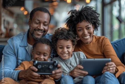 Family enjoying time together on couch with tablets and video games in cozy living room