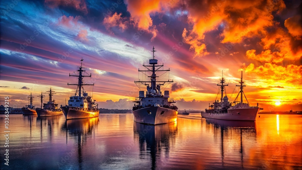 Silhouettes of ships against a fiery orange and purple sunset, their reflections shimmering on the tranquil water Silhouettes of ships against a fiery orange and purple sunset, their reflections shimmering on the tranquil water