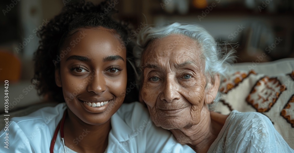 Nurse and Elderly Woman Smiling Together on Sofa in Modern Living Room for Healthcare and Wellness Nurse and Elderly Woman Smiling Together on Sofa in Modern Living Room for Healthcare and Wellness