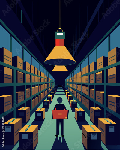 An eerie silence hung over the crowded warehouse as if the excess of inventory had somehow muted all noise.. Vector illustration