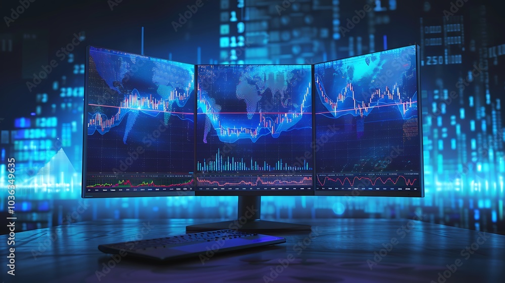 A high-tech trading setup featuring multiple monitors displaying financial data and market trends. A high-tech trading setup featuring multiple monitors displaying financial data and market trends.
