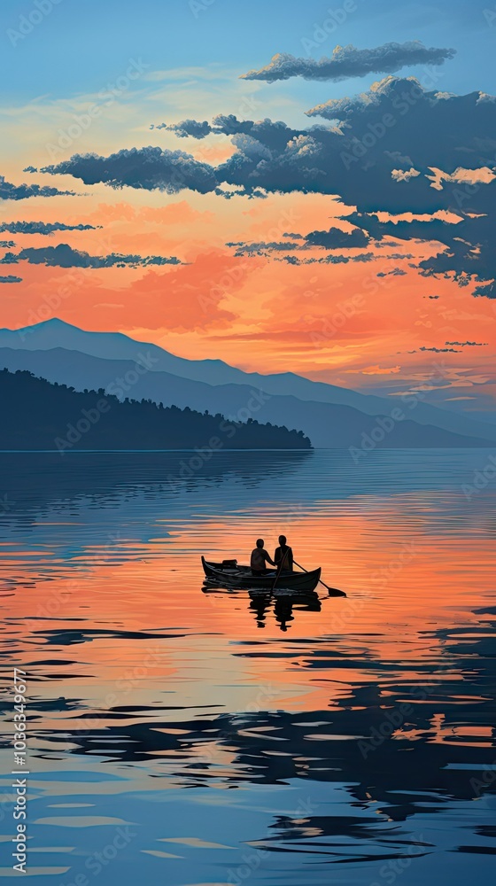 Silhouettes of two people in a boat on still water. Silhouettes of two people in a boat on still water.