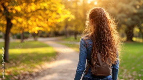 Woman Walking in Autumn Park at Sunset