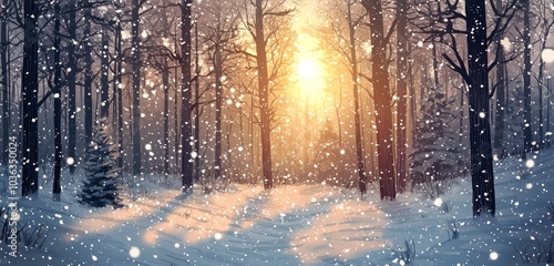 Snow gently falling in a peaceful wintry forest, illuminated by soft sunlight.