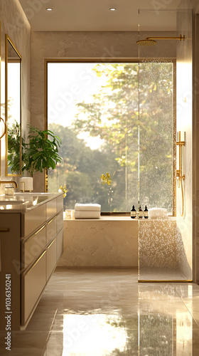 A modern cottagecore bathroom with brass accents, greige cabinets, and marble tiles, featuring a large window where rain gently falls, filling the space with a soft, moody evening light 