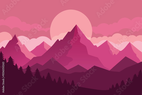 Beautiful pink mountain silhouette landscape with fog and sunrise and sunset in mountains background. Outdoor and hiking vector concept