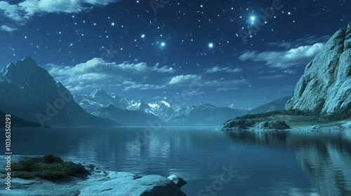 A picturesque mountain lake under a starry night sky, the water's surface shimmering with reflections of celestial beauty.