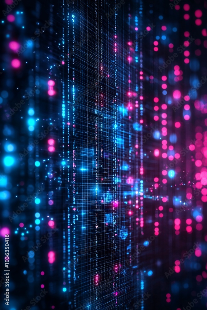 Abstract digital background with glowing blue and pink dots on black grid. Abstract digital background with glowing blue and pink dots on black grid.