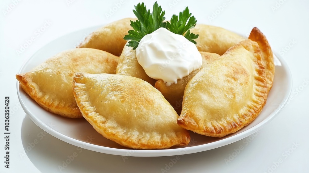A plate of traditional Polish pierogi dumplings served with a dollop of sour cream on a clean white background, perfect for showcasing authentic cuisine. A plate of traditional Polish pierogi dumplings served with a dollop of sour cream on a clean white background, perfect for showcasing authentic cuisine.