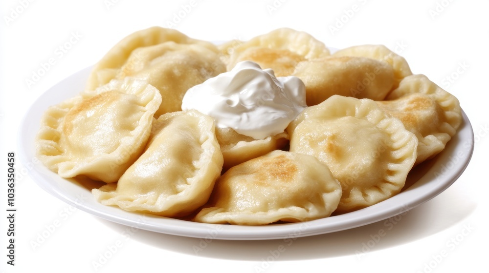 A plate of traditional Polish pierogi dumplings served with a dollop of sour cream on a clean white background, perfect for showcasing authentic cuisine. A plate of traditional Polish pierogi dumplings served with a dollop of sour cream on a clean white background, perfect for showcasing authentic cuisine.