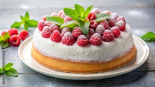 A Delicate Cake Topped with Fresh Raspberries and a dusting of Powdered Sugar, Perfectly Adorned with Delicate Mint Leaves