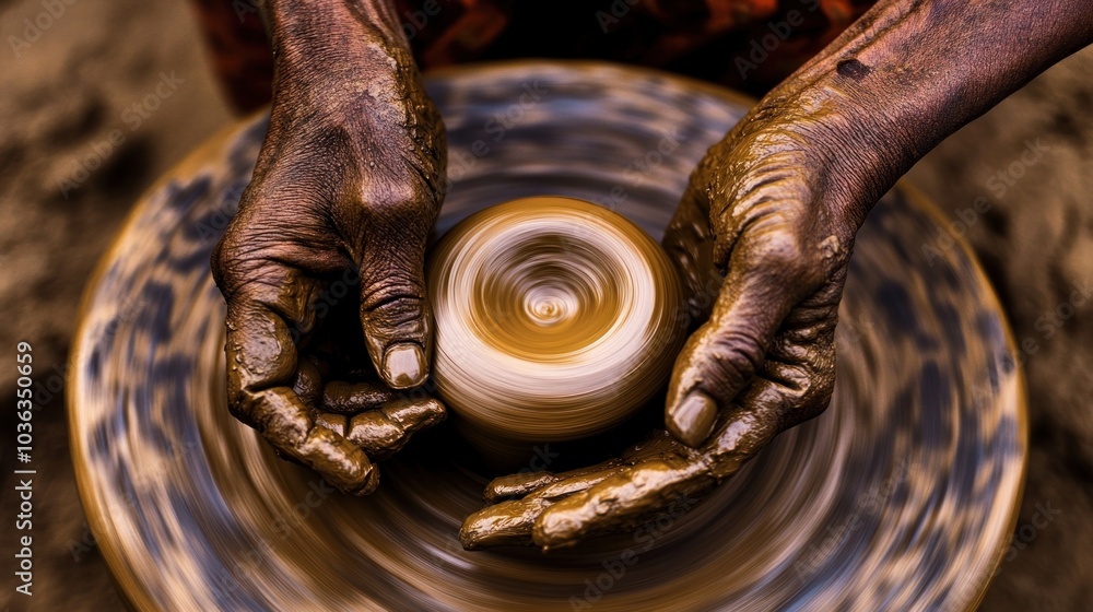 Hands shaping a clay pot on a pottery wheel, showcasing traditional craftsmanship. Hands shaping a clay pot on a pottery wheel, showcasing traditional craftsmanship.