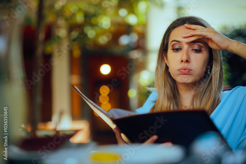 Puzzled Woman Reading Restaurant Menu Being Indecisive. Customer in a diner having a hard time deciding what to order
